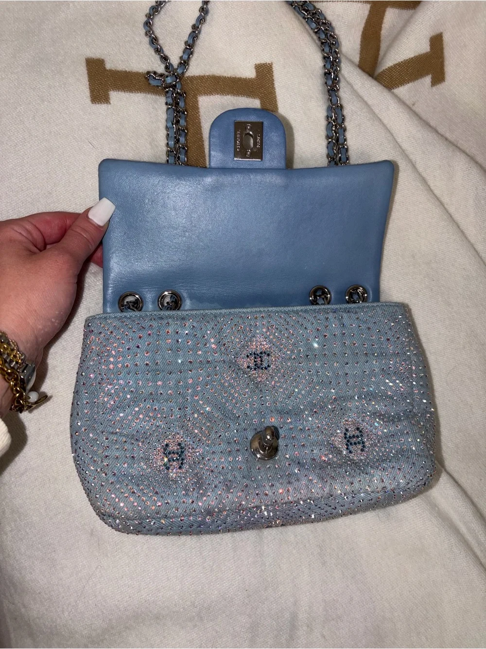 CHANEL Light Blue Crystal-Embellished Mini Flap Bag
